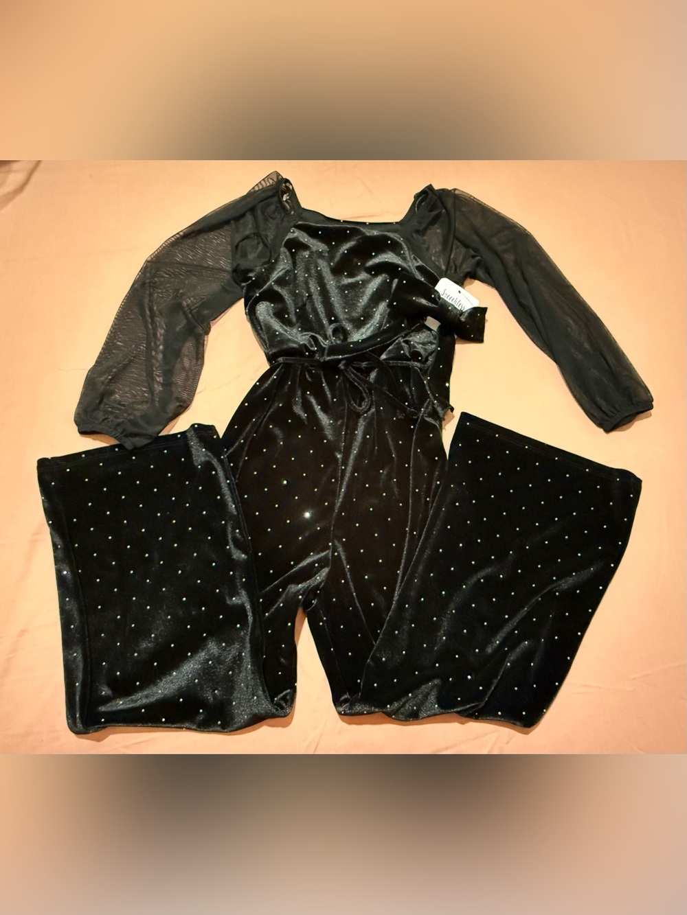 Speechless Black Velvet Jumpsuit with Sheer Sleeves and Rhinestone Dots